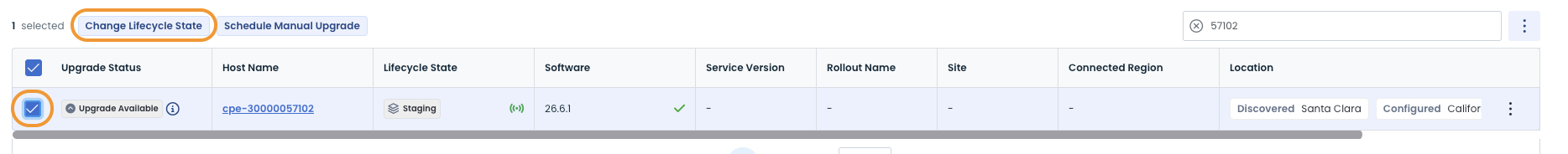 Interface showing options to change lifecycle state and upgrade status for a host.